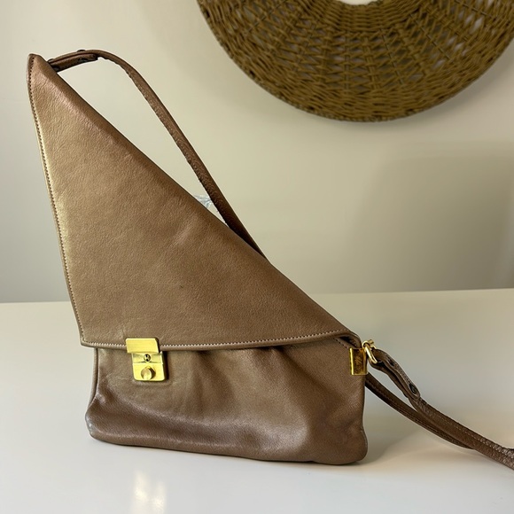 Leather Kindle Ready | latte colored triangle shaped handmade crossbody - Picture 3 of 13